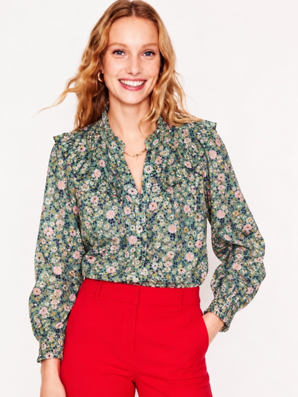 Boden Floral Ruffle Neck Cotton Blouse Green Pink Boho Women Size 6